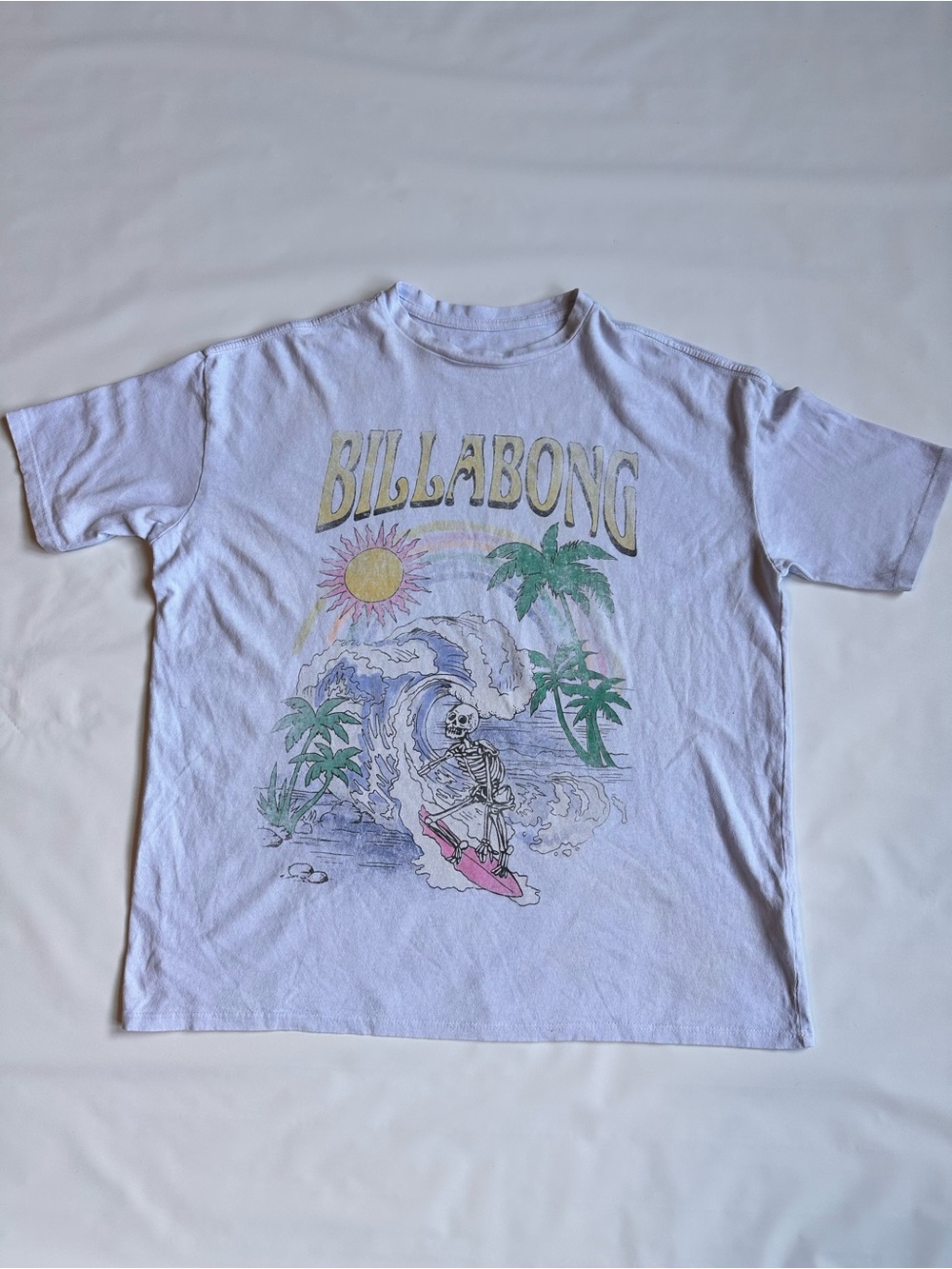 Billabong White Tee with Pastel Surf Skeleton Graphic